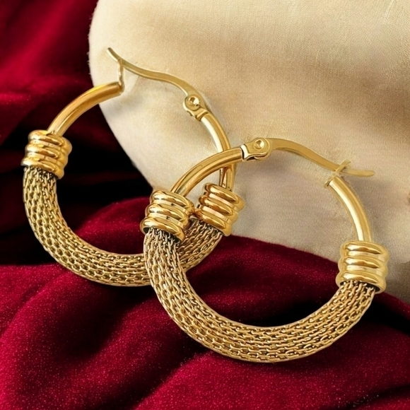 🆕️Chic Elegance: 18K Gold Plated Stainless Steel Mesh Trendy Hoop Earrings - Picture 1 of 16